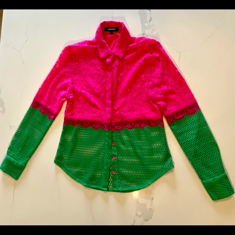 ⚫️ AMENPAPA ⚫️ - magenta + green lace/mesh combo blouse